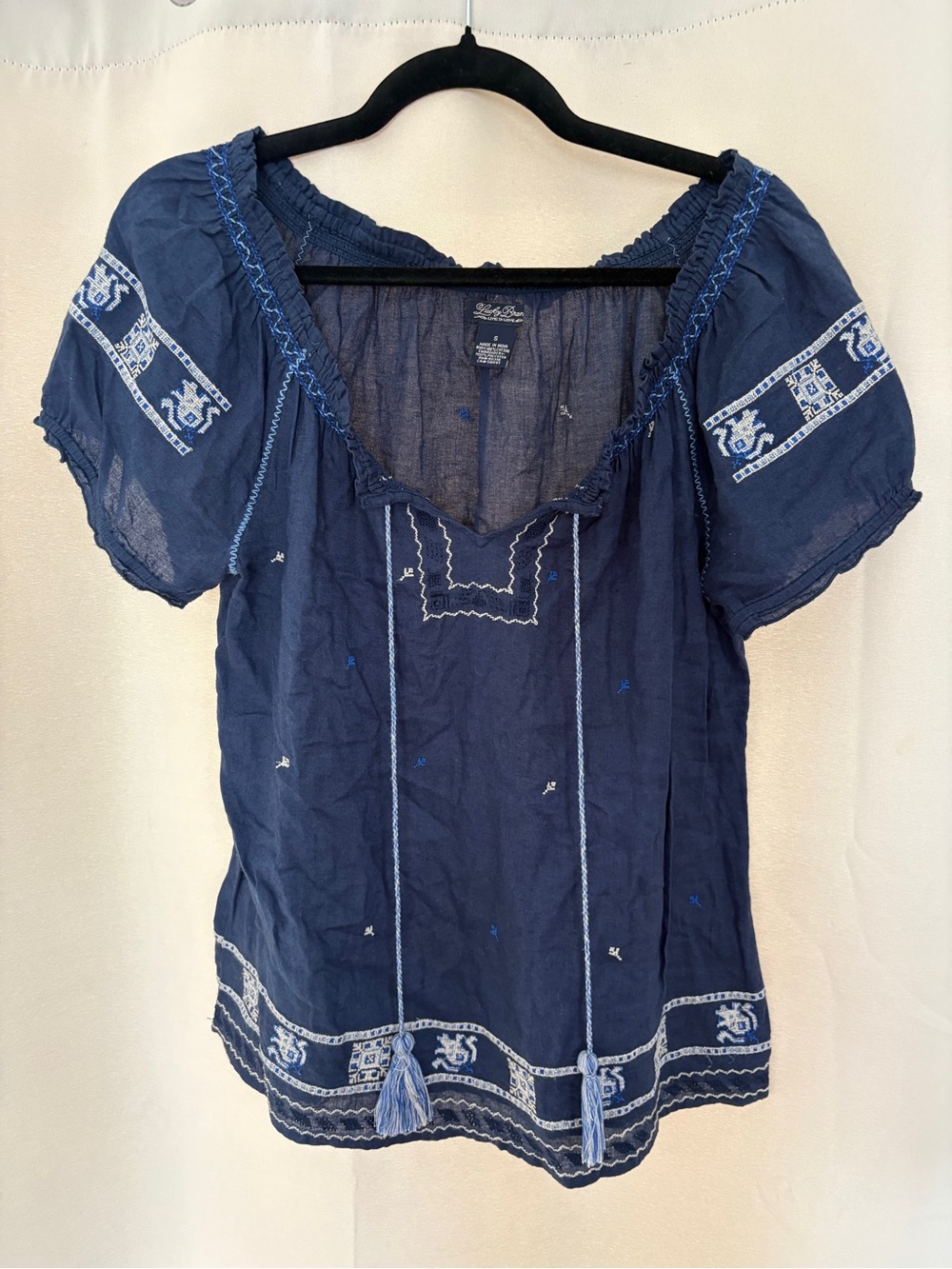 Lucky Brand Navy Blue Embroidered Peasant Blouse with Tassels S